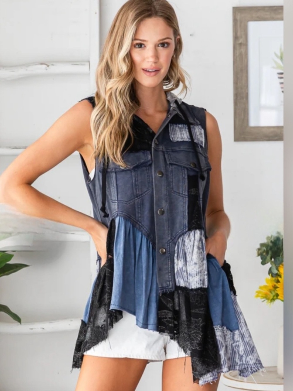 Oli & Hali WASHED MIX MEDIA RUFFLE FLARE HEM HOODED VEST TOP